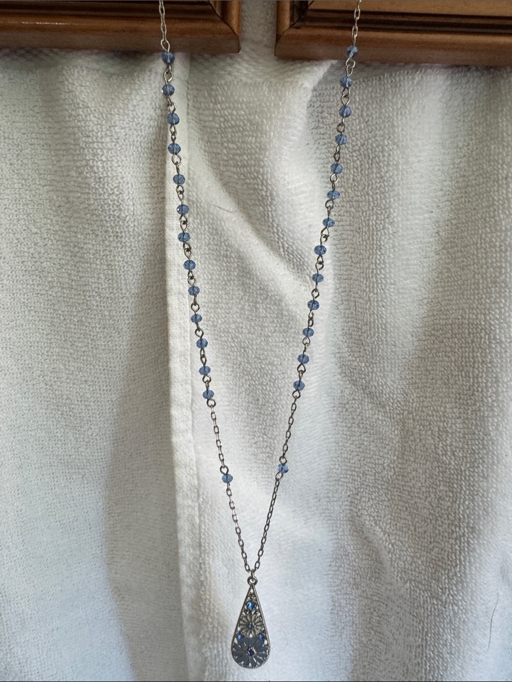 Blue Floral Teardrop Pendant Necklace - Silver Tone Accent
